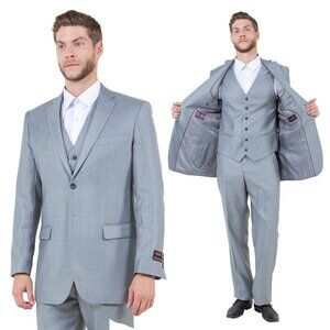 Modern Fit Sharkskin 3pc Men's Suit Set, Light Gray